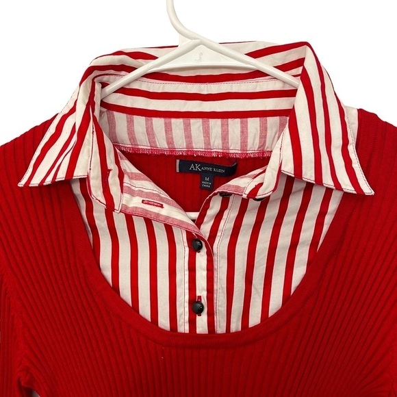 Anne Klein Layered Collar Striped Shirt Sweater | Red | Size M - Picture 2 of 8